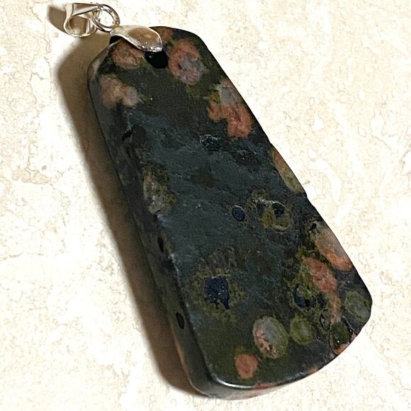 Natural Ocean Jasper Pendant, Genuine Dark Green Gemstone - Picture 3 of 9